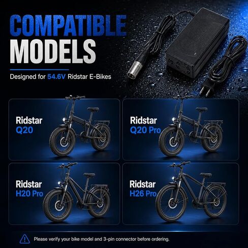 Battery Charger for Ridstar Q20/Q20 Pro 54.6V 5A | Fast Charging 3-Pin Adapter with Multiple Protections | Waterproof & Moisture-Proof | Input 110-240V for E-Bike in Kuwait
