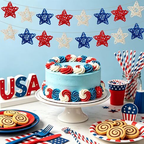 Heliltd 24PCS 4th of July Rattan Star Decorations, Red White and Blue Wicker Stars Patriotic Vase Bowl Fillers for Independence Day DIY Crafts Table Centerpiece Farmhouse Home Decor in Kuwait