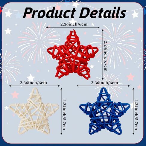 Heliltd 24PCS 4th of July Rattan Star Decorations, Red White and Blue Wicker Stars Patriotic Vase Bowl Fillers for Independence Day DIY Crafts Table Centerpiece Farmhouse Home Decor in Kuwait