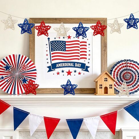Heliltd 24PCS 4th of July Rattan Star Decorations, Red White and Blue Wicker Stars Patriotic Vase Bowl Fillers for Independence Day DIY Crafts Table Centerpiece Farmhouse Home Decor in Kuwait