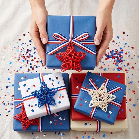 Heliltd 24PCS 4th of July Rattan Star Decorations, Red White and Blue Wicker Stars Patriotic Vase Bowl Fillers for Independence Day DIY Crafts Table Centerpiece Farmhouse Home Decor in Kuwait