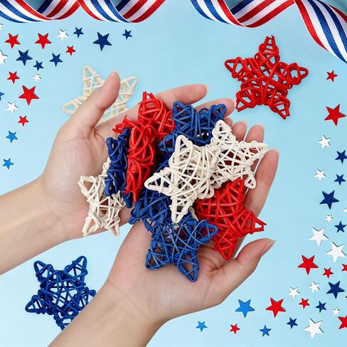 Heliltd 24PCS 4th of July Rattan Star Decorations, Red White and Blue Wicker Stars Patriotic Vase Bowl Fillers for Independence Day DIY Crafts Table Centerpiece Farmhouse Home Decor in Kuwait