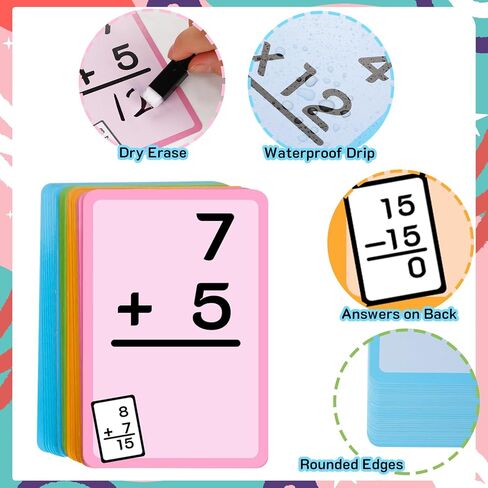 Math Flash Cards Set of Multiplication Division Addition Subtraction with 4 Dry Erase Pens, 144 Flash Cards from 1st to 4th Grade or Kindergarten Homeschool Supplies in Kuwait