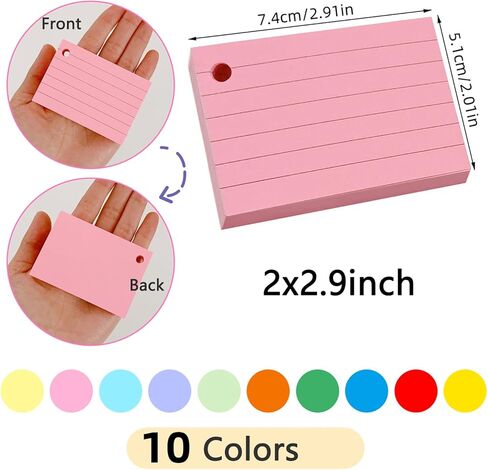 10 Colored Index Cards 2x3 Inches Flash Cards 1000pcs Lined Ruled Study Card for Learning, Studying Memory Office College Recipe Game Cards in Kuwait
