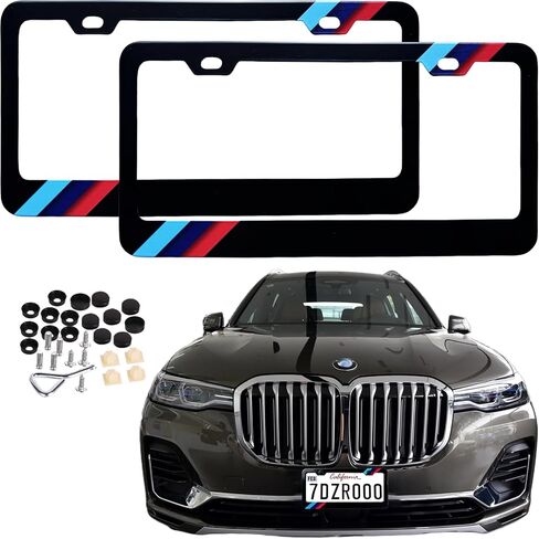 غطاء إطارات لوحة الترخيص متوافق مع لوحة ترخيص BMW، حامل إطار من الألومنيوم أمامي وخلفي مكون من قطعتين، M-ثلاثية الألوان (أزرق أرجواني أحمر متدرج) in Kuwait