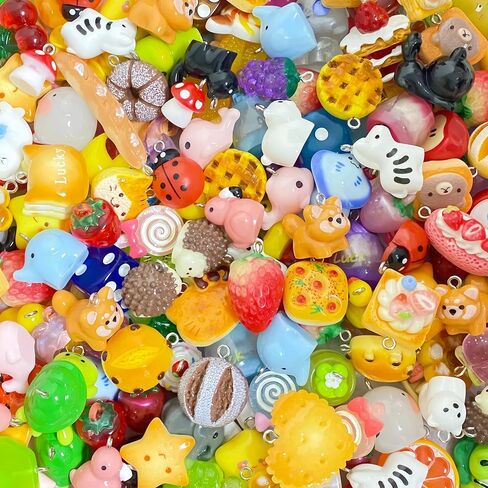 40Pcs Resin Charms Bulk – Cute Pendants for Jewelry Making, Bracelet, Keychain, Rave Kandi – Includes Fruit, Food, Animal & Assorted Mini Ornaments – Perfect for DIY Crafts in Saudi Arabia