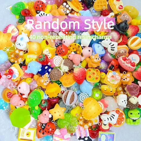 40Pcs Resin Charms Bulk – Cute Pendants for Jewelry Making, Bracelet, Keychain, Rave Kandi – Includes Fruit, Food, Animal & Assorted Mini Ornaments – Perfect for DIY Crafts in Saudi Arabia