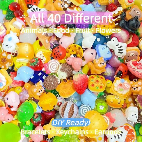 40Pcs Resin Charms Bulk – Cute Pendants for Jewelry Making, Bracelet, Keychain, Rave Kandi – Includes Fruit, Food, Animal & Assorted Mini Ornaments – Perfect for DIY Crafts in Saudi Arabia