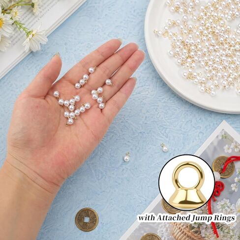 60 Pcs Pearl Charms for Jewelry Making, Faux Pearl Pendant with Jump Ring, White Pearls Beads for DIY Bracelets Earrings Necklace Craft Supplies (0.24 Inch) in Kuwait