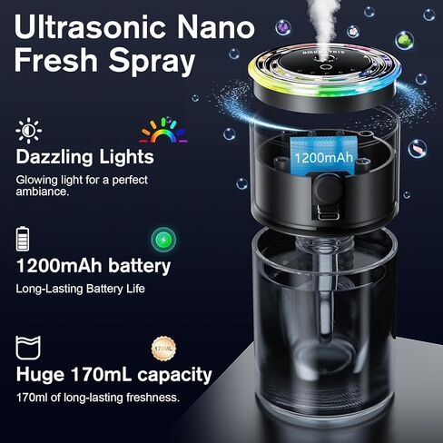 موزع معطر هواء للسيارة الذكية من أمور ليريس، 170 مل/5.7 أونصة سائلة، معطر هواء للسيارة يدوم لمدة 6 أشهر، تشغيل/إيقاف تلقائي ذكي لعطر السيارة، رذاذ بالموجات فوق الصوتية، 5 أوضاع، ضوء مزامنة موسيقى RGB، محيط in Kuwait