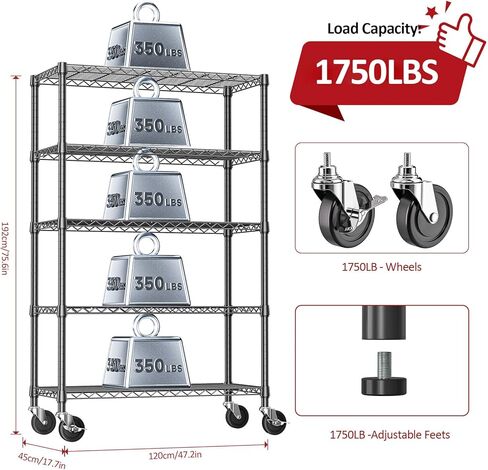 IZEUK 5-Tier Heavy Duty Metal Storage Shelving Unit (Black, 17.7" D x 47.2" W x 72.3" H, 1750 lbs Capacity), Adjustable Steel Wire Rack Shelf Organizer for Garage, Kitchen, Basement, Laundry, Office in Saudi Arabia