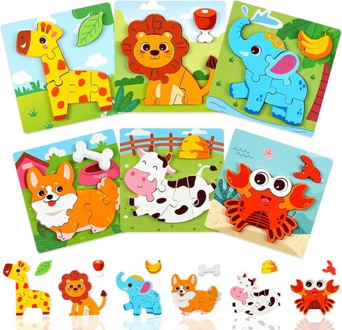 Wooden Puzzles for Toddlers 1-3, 6pcs Animal Jigsaw Puzzles for Toddlers, Montessori Educational Learning Toys for Kids Ages 1-4,Gifts for Boys Girls in Saudi Arabia