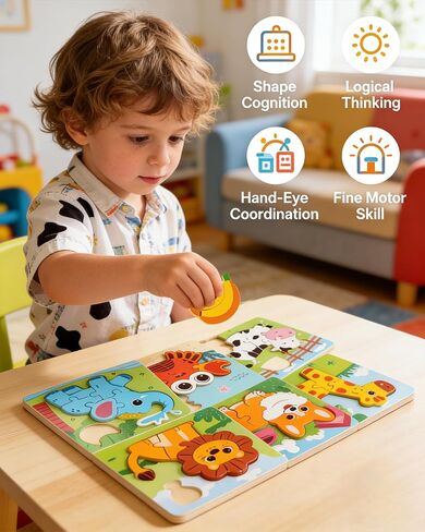 Wooden Puzzles for Toddlers 1-3, 6pcs Animal Jigsaw Puzzles for Toddlers, Montessori Educational Learning Toys for Kids Ages 1-4,Gifts for Boys Girls in Saudi Arabia