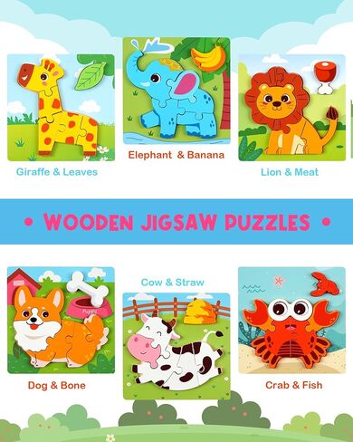 Wooden Puzzles for Toddlers 1-3, 6pcs Animal Jigsaw Puzzles for Toddlers, Montessori Educational Learning Toys for Kids Ages 1-4,Gifts for Boys Girls in Saudi Arabia