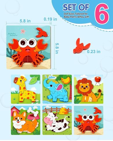 Wooden Puzzles for Toddlers 1-3, 6pcs Animal Jigsaw Puzzles for Toddlers, Montessori Educational Learning Toys for Kids Ages 1-4,Gifts for Boys Girls in Saudi Arabia