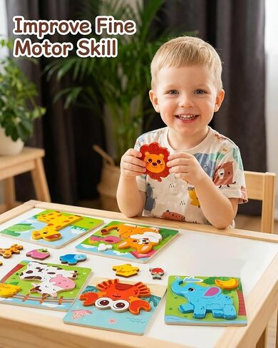 Wooden Puzzles for Toddlers 1-3, 6pcs Animal Jigsaw Puzzles for Toddlers, Montessori Educational Learning Toys for Kids Ages 1-4,Gifts for Boys Girls in Saudi Arabia
