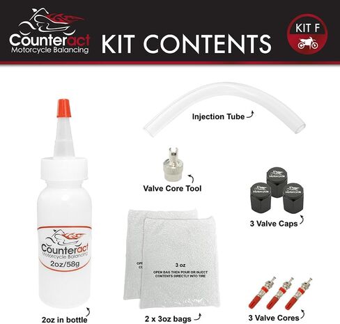 Counteract KIT-F Motorcycle Do It Yourself Tire/Wheel Balancing Beads Kit - (1) 2oz (2) 3oz Balancing Bead Applications, (3) Valve Caps and Cores, (1) Core Remover, Injector Bottle in Kuwait