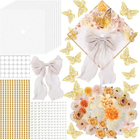 45 PCS DIY Graduation Cap Decoration Kit - 8 Cream Construction Paper with Artificial Flower Heads Bow 3D Butterfly Pearl Adhesive Dots Rhinestone Stickers for Grad Hat Topper DIY (White) in Saudi Arabia