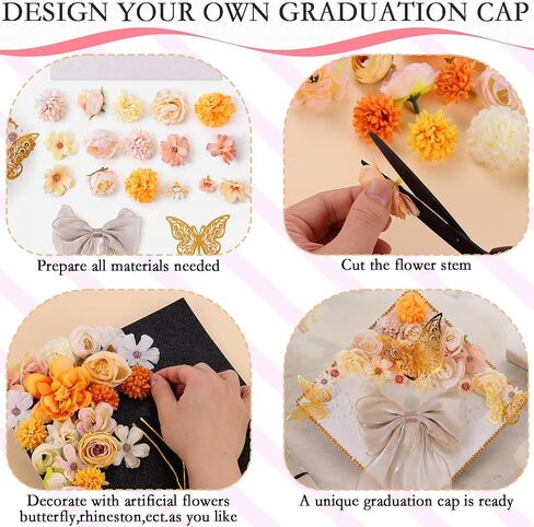 45 PCS DIY Graduation Cap Decoration Kit - 8 Cream Construction Paper with Artificial Flower Heads Bow 3D Butterfly Pearl Adhesive Dots Rhinestone Stickers for Grad Hat Topper DIY (White) in Saudi Arabia
