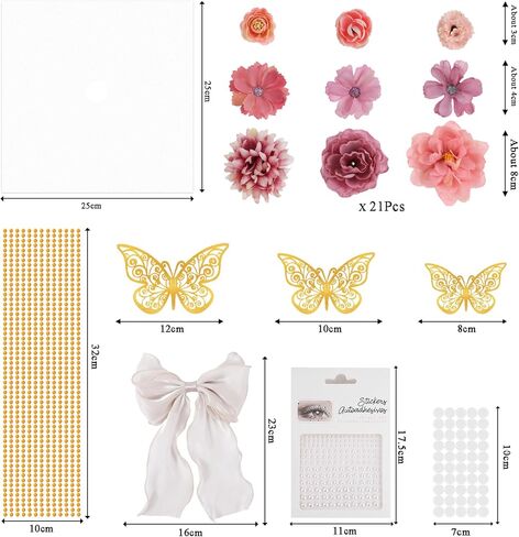 45 PCS DIY Graduation Cap Decoration Kit - 8 Cream Construction Paper with Artificial Flower Heads Bow 3D Butterfly Pearl Adhesive Dots Rhinestone Stickers for Grad Hat Topper DIY (White) in Saudi Arabia