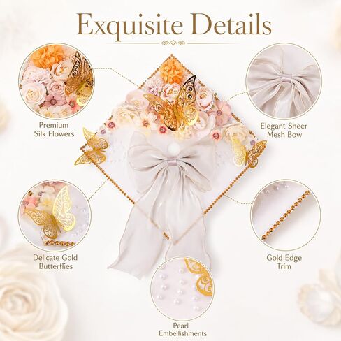 45 PCS DIY Graduation Cap Decoration Kit - 8 Cream Construction Paper with Artificial Flower Heads Bow 3D Butterfly Pearl Adhesive Dots Rhinestone Stickers for Grad Hat Topper DIY (White) in Saudi Arabia
