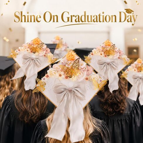 45 PCS DIY Graduation Cap Decoration Kit - 8 Cream Construction Paper with Artificial Flower Heads Bow 3D Butterfly Pearl Adhesive Dots Rhinestone Stickers for Grad Hat Topper DIY (White) in Saudi Arabia