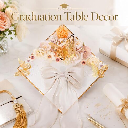 45 PCS DIY Graduation Cap Decoration Kit - 8 Cream Construction Paper with Artificial Flower Heads Bow 3D Butterfly Pearl Adhesive Dots Rhinestone Stickers for Grad Hat Topper DIY (White) in Saudi Arabia