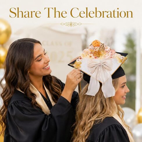 45 PCS DIY Graduation Cap Decoration Kit - 8 Cream Construction Paper with Artificial Flower Heads Bow 3D Butterfly Pearl Adhesive Dots Rhinestone Stickers for Grad Hat Topper DIY (White) in Saudi Arabia
