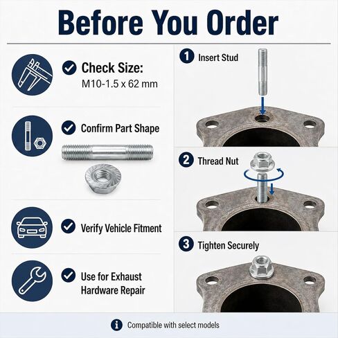 Exhaust Flange Stud Kit M10-1.5 x 62mm, Exhaust Manifold Studs and Nuts Hardware Kit, Hex Head Exhaust Stud Bolt Set for Exhaust Flange Manifold Pipe Repair, Replace 03133 03133HP in Saudi Arabia