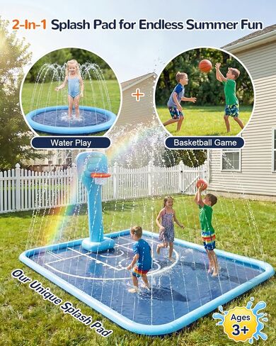 Splash Pad for Kids & Dogs, 138x118'' Large Sprinkler Pad with Basketball Hoop, Thickened Non-Slip Splash Mat, Outdoor Water Toy for Kids & Family Backyard Play in Saudi Arabia