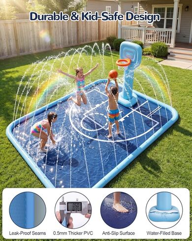 Splash Pad for Kids & Dogs, 138x118'' Large Sprinkler Pad with Basketball Hoop, Thickened Non-Slip Splash Mat, Outdoor Water Toy for Kids & Family Backyard Play in Saudi Arabia