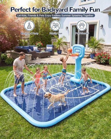 Splash Pad for Kids & Dogs, 138x118'' Large Sprinkler Pad with Basketball Hoop, Thickened Non-Slip Splash Mat, Outdoor Water Toy for Kids & Family Backyard Play in Saudi Arabia