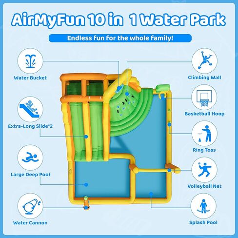 منزلق مائي قابل للنفخ من AirMyFun للفناء الخلفي للأطفال، حديقة مائية 10 في 1 مع شرائح مزدوجة طويلة، جدار تسلق، طوق كرة السلة، مدفع مياه، منزل قفز مائي قابل للنفخ مع منفاخ in Kuwait