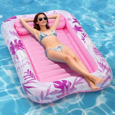 Inflatable Tanning Pool Lounger Float, 70" x 46" Blow up Pool Floats Adult with Pillow and Drink Holder, Sunbathing Tanning Bed Water Sun Tan Tub for Backyard Beach (Pink) in Saudi Arabia