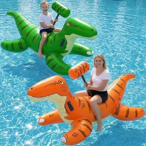 Jasonwell Pool Games Toys Floats -2Pack Inflatable Dinosaur Pool Floats with Blow Up Toy Hammers Ride on Pool Floaties for Kids Teens Adults Lounge Raft Summer Lake Beach Party Decorations in Kuwait