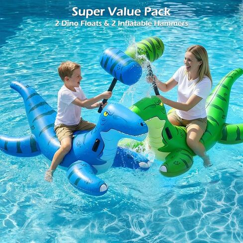 Jasonwell Pool Games Toys Floats -2Pack Inflatable Dinosaur Pool Floats with Blow Up Toy Hammers Ride on Pool Floaties for Kids Teens Adults Lounge Raft Summer Lake Beach Party Decorations in Kuwait