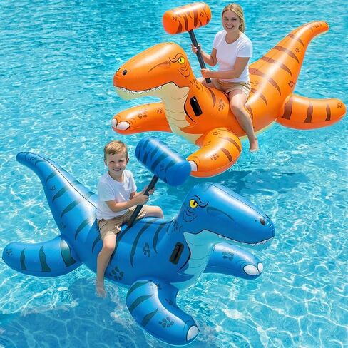 Jasonwell Pool Games Toys Floats -2Pack Inflatable Dinosaur Pool Floats with Blow Up Toy Hammers Ride on Pool Floaties for Kids Teens Adults Lounge Raft Summer Lake Beach Party Decorations in Kuwait