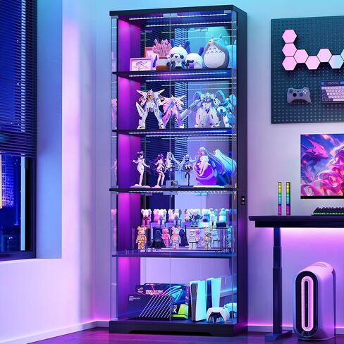 Dystler Glass Display Cabinet with Doors, 69" Tall RGB LED Curio Cabinet with 5-Tier Wooden Shelves for Collectibles, Lockable Display Case for Living Room (1, Black) in Saudi Arabia