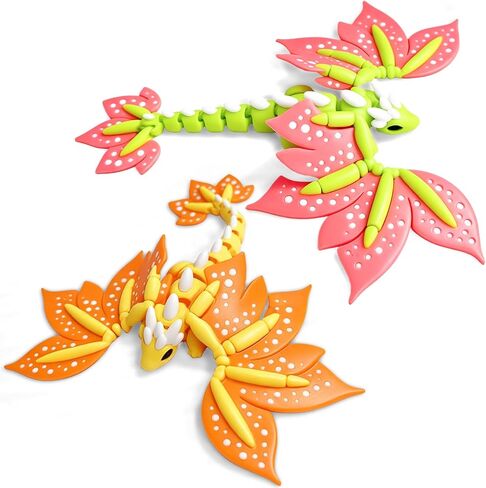 2 Pcs 3D Printed Dragon with Wings, 7" 3D Printed Flexible Articulated Dragon for Home Office Desk Decor, Collectors Birthday Gift, Pink, Orange, Flower Shape in Saudi Arabia