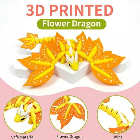 2 Pcs 3D Printed Dragon with Wings, 7" 3D Printed Flexible Articulated Dragon for Home Office Desk Decor, Collectors Birthday Gift, Pink, Orange, Flower Shape in Saudi Arabia