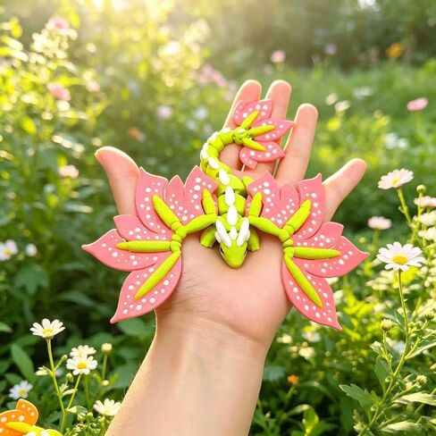 2 Pcs 3D Printed Dragon with Wings, 7" 3D Printed Flexible Articulated Dragon for Home Office Desk Decor, Collectors Birthday Gift, Pink, Orange, Flower Shape in Saudi Arabia