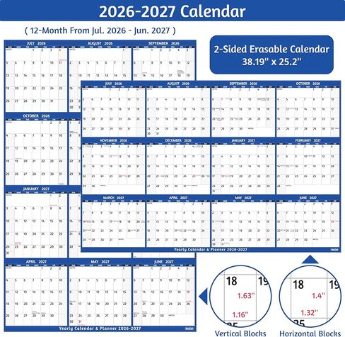 تقويم المسح الجاف 2026-2027 - تقويم حائط سنوي كبير، 38.2 بوصة × 25.2 بوصة، تقويم قابل للعكس على الجانبين، عمودي/أفقي، يوليو 2026 - يونيو 2027، 2026-2027 تقويم حائط مع ملاحظات وملصقات - أزرق in Kuwait