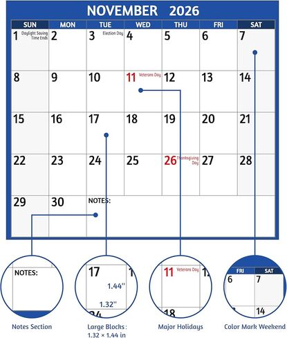 تقويم المسح الجاف 2026-2027 - تقويم حائط سنوي كبير، 38.2 بوصة × 25.2 بوصة، تقويم قابل للعكس على الجانبين، عمودي/أفقي، يوليو 2026 - يونيو 2027، 2026-2027 تقويم حائط مع ملاحظات وملصقات - أزرق in Kuwait