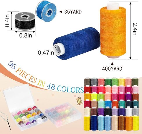 96 Pcs Sewing Thread Kit with Bobbins for Sewing Machine, 48 Colors Polyester Prewound Bobbins for Sewing, Emergency use, Travel, Hand Sewing Machines, DIY, and Home use, 400 Yards in Saudi Arabia