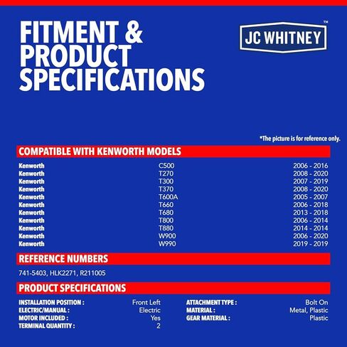 JC Whitney JFBAJCWWR00310 Front Left Power Window Regulator w/Motor Assembly - Compatible with Kenworth C500 06-16, T270 T370 08-20, T300 07-19, T660 06-18, T680 13-18, T800 06-14, W900 06-20 in Kuwait