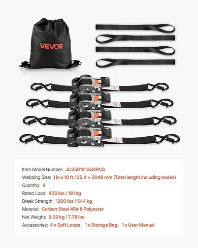 VEVOR أشرطة السقاطة القابلة للسحب، 1 × 10 قدم، أشرطة ربط لأسفل مع خطافات S، قوة كسر 1200 رطل، 4 حلقات ناعمة، ربط السقاطة للأسفل للتحرك، المقطورات، الدراجات النارية، قوارب الكاياك، سقف السيارة، 4 عبوات in Kuwait