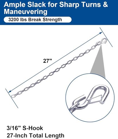 2 PCS 3/16" x 27" Trailer Safety Chain, Grade 30 Zinc-Plated Steel with Spring S-Hooks, 3200 lbs Capacity Class I, Heavy Duty Towing Security for Boat, RV & Utility Trailers in Saudi Arabia