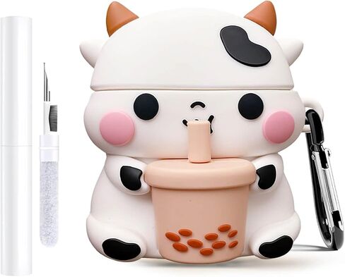 Cute Animal Case for AirPods Pro/Pro 2 Generation, 3D Kawaii Boba Cow Silicone Protective Cover with Free Keychain for Women, Girls, Kids, Teens（Cow, AirPods Pro/Pro 2） in Saudi Arabia
