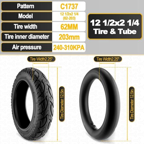 مجموعة الإطارات والأنابيب الداخلية شديدة التحمل مقاس 12.5 × 2.25 (12-1/2 × 2-1/4) مجموعتان مع ساق صمام بزاوية، وأنابيب إطارات بديلة متوافقة مع الدراجات البخارية الكهربائية/الدراجة الإلكترونية/دراجة الأطفال/الدراجة الترابية الصغيرة in Kuwait