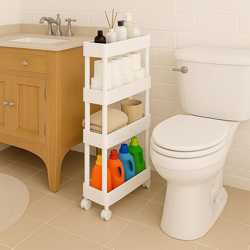 ShellKingdom 4 Tier Bathroom Storage Organizer, Slim Rolling Storage Cart for Narrow Space, Mobile Shelving Unit with Lockable Wheels and Hooks for Bathroom, Kitchen, Laundry Movable Shelf (Grey) in Saudi Arabia